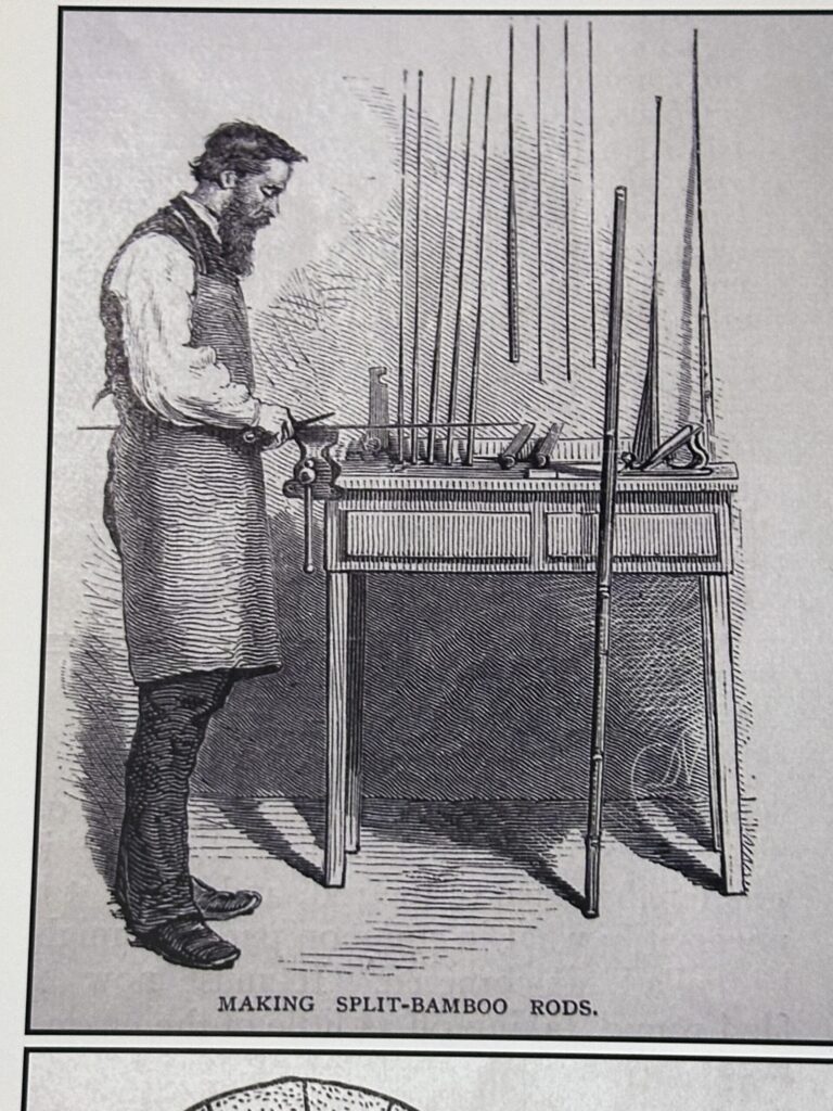 Illustration of a craftsman building split-bamboo rods at a workbench, showing traditional techniques used in heirloom fly rod making.